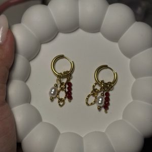 Κρίκοι Charms με Πέρλα και Κόκκινες Χάντρες